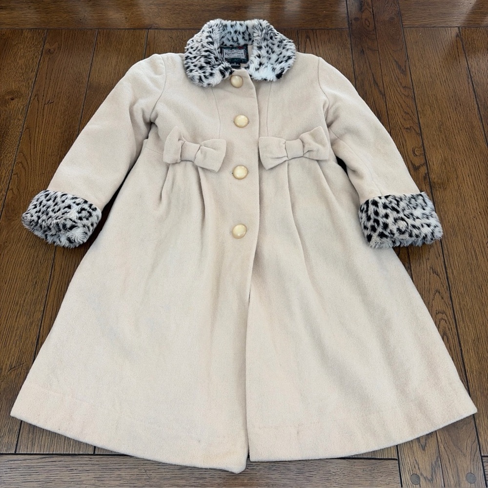 Rothschild Princess Pea Coat Faux Fur Collar Girls 6 Tan Bows Wool Blend Read